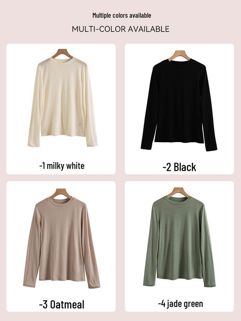 2025 Autumn Slimming Round Neck Silk Wool T-Shirt - Warm, Skin-Friendly, Solid Color