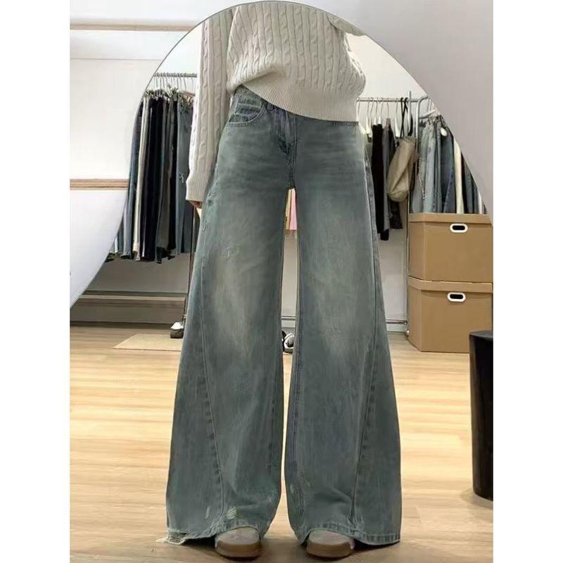 

145 Маленькие американские винтажные выстиранные потертые брюки с широкими штанинами женские с высокой посадкой свободные стройнящие универсальные джинсы Retro blue Small XL