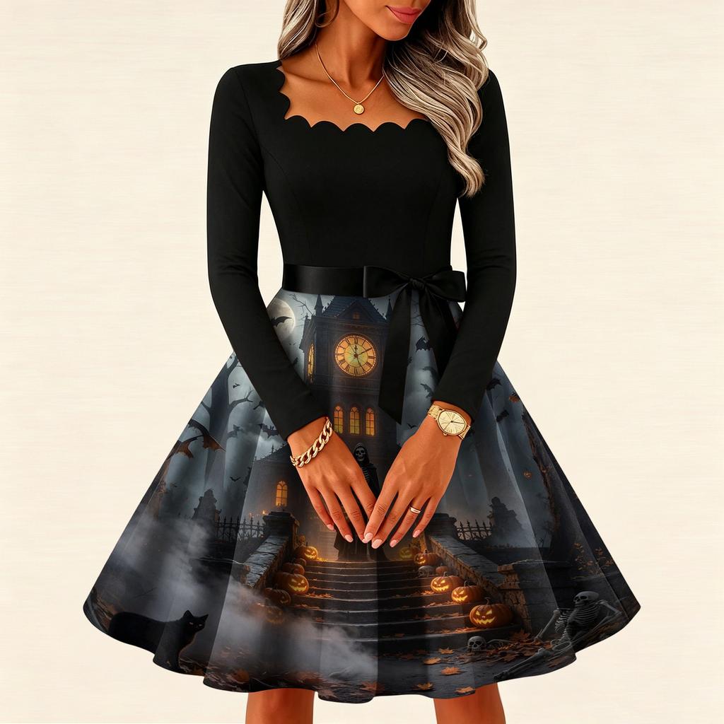 Women's Vintage Long Sleeve Square Neck Dress with Halloween Print for Party Evening Wear