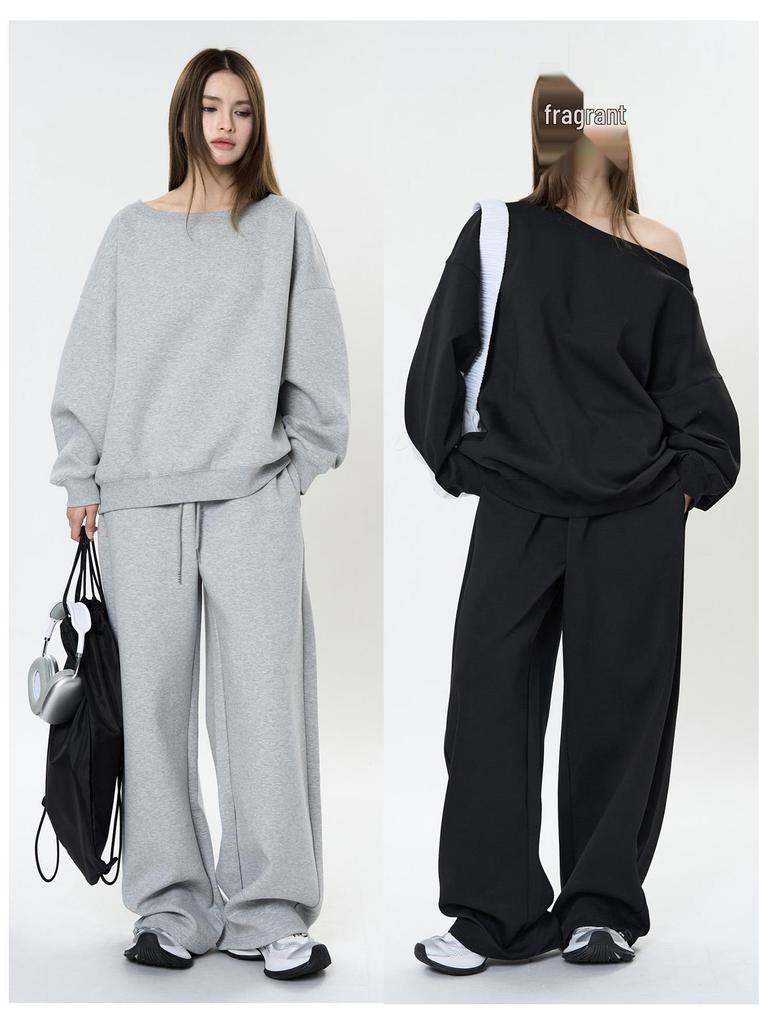 Louvre Spring Korean Athflow One-Shoulder Relaxed Sweatshirt for Women