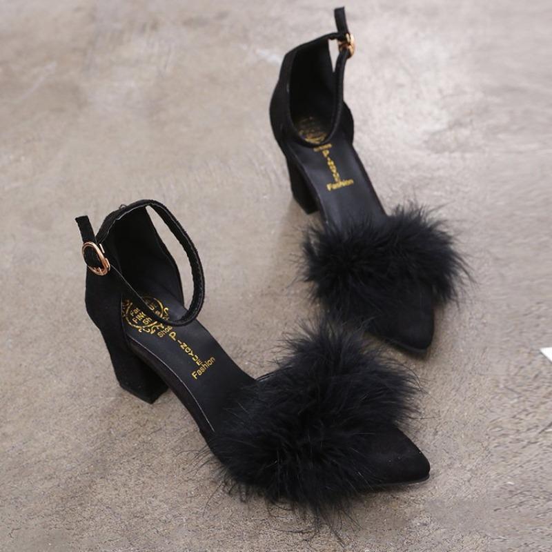 Spring new thick high-heeled side empty suede pointed head sexy and thin one-word buckle with fluffy sandals women