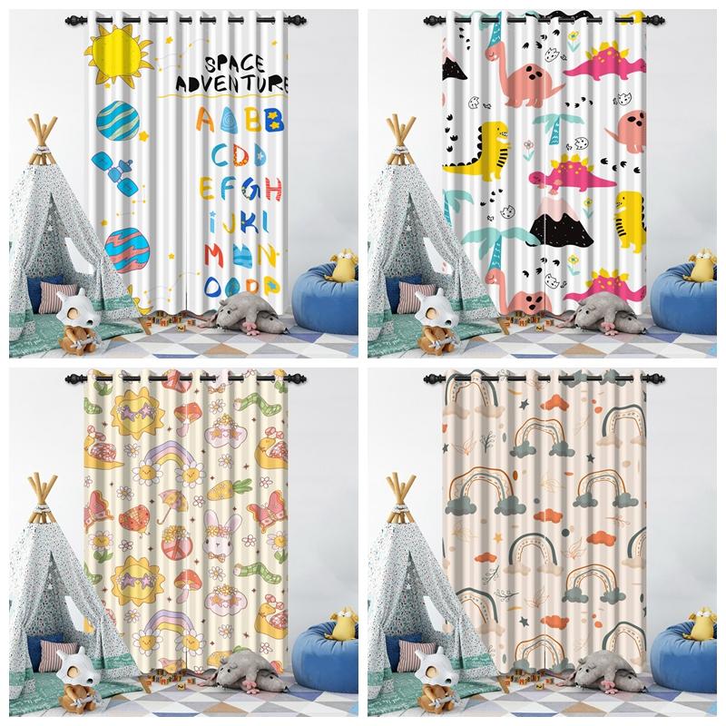 Cartoon Pattern Blackout Curtains 2Pcs Educational Fun Design For Children'S Room Living Room Bedroom Window Decor Grommet Top