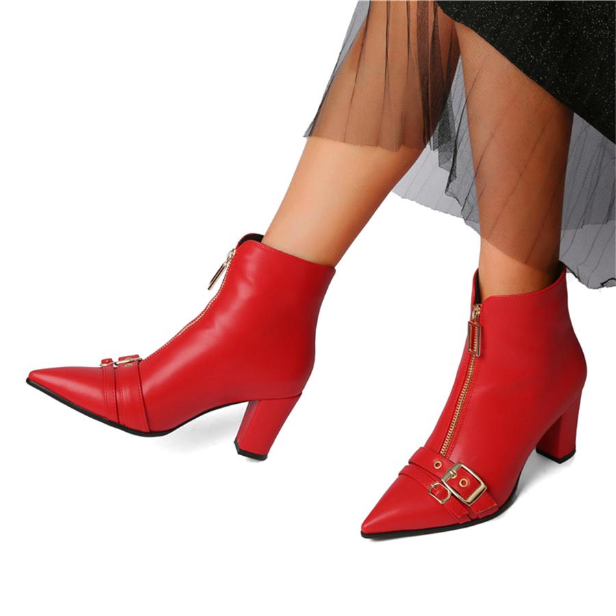 FOREADA Women Ankle Boots Pointed Toe Chunky High Heels Buckle Zipper Short Boots Ladies Fashion Shoes Winter Black