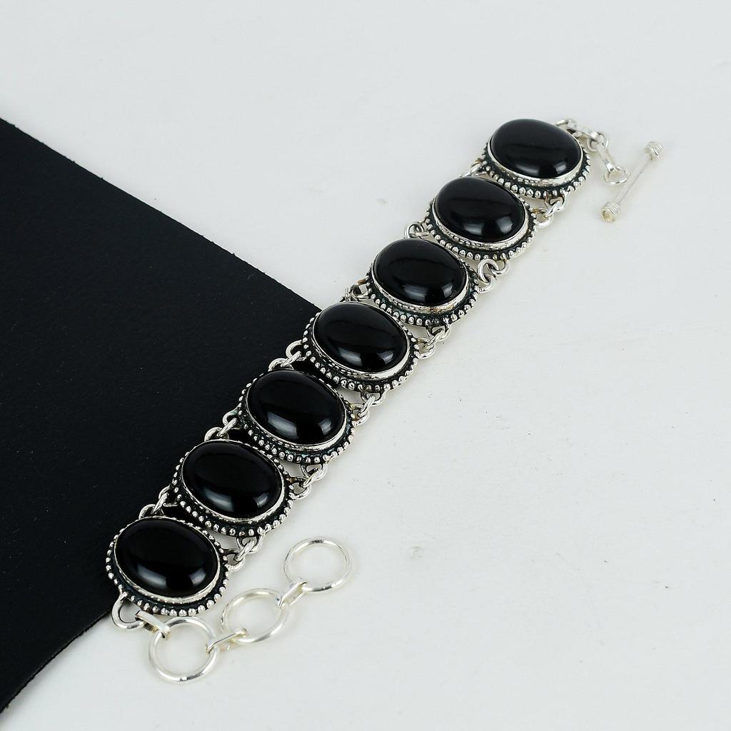 Dainy Svart Onyks Edelstein Håndlaget 925 Sterlingsølv Armbånd, Svart Onyks Armbånd Til Kone, Unisex Armbånd, Bryllupsgave