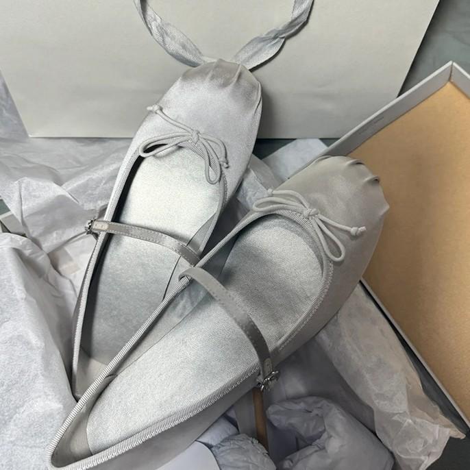 Sheepskin Edition~ Bow Ballet Shoes Gentle Fairy Wind One Pedal Flat Shoes Silver Mary Jane Single Shoes Women