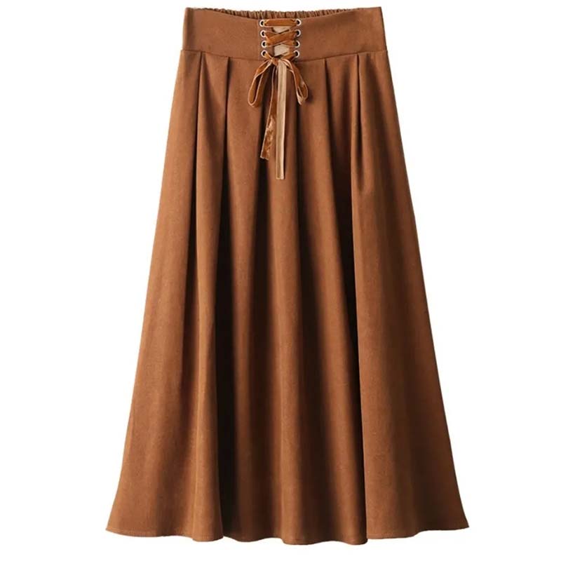 Falda Vintage de Línea A de Cintura Alta para Mujer Cintura Elástica con Cordones Falda Midi Plisada Primavera y Otoño