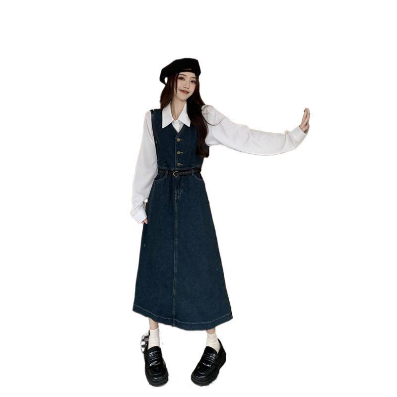 Elegant High-Waisted Campanula Denim Dress Set - Slimming Spring 2026 Arrival