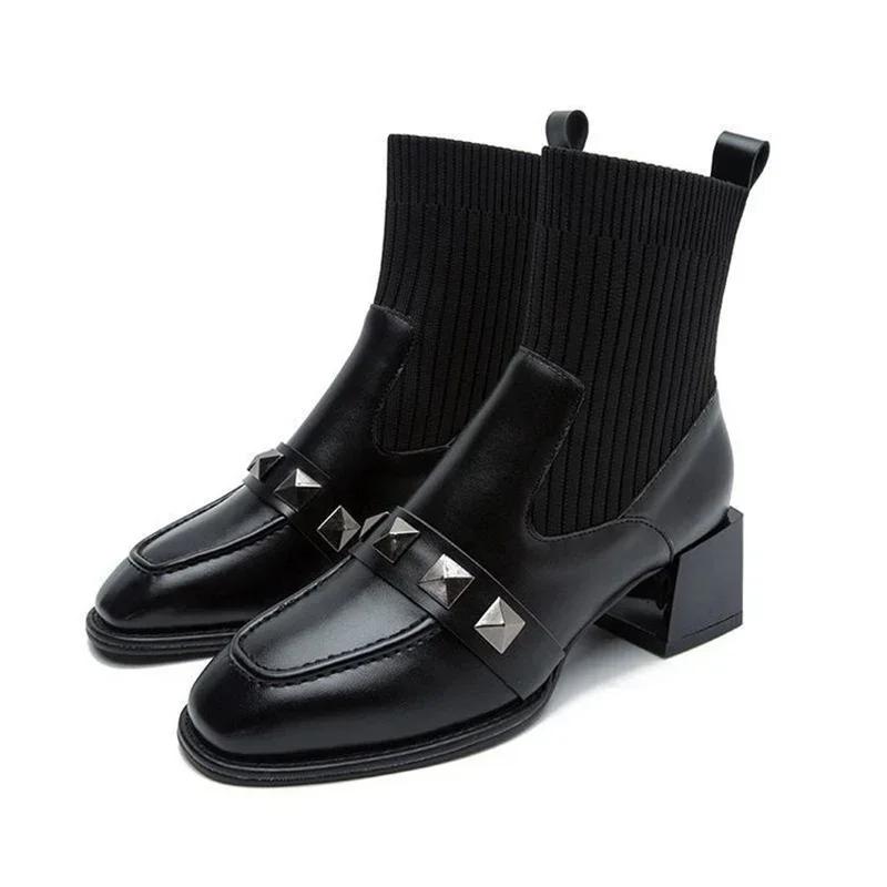 Square High Heel Women Stretch Socks Boots Fashion Slip On Shoes Retro Style Autumn Winter Square Toe Ladies Short Booties