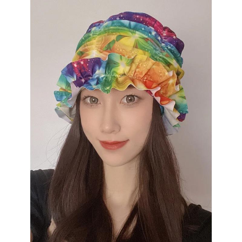 Womens Swim Cap for Long Hair Cute Korean Style Colorful Fabric Design Elegant Beach Photography Hot Spring Swimming Cap
