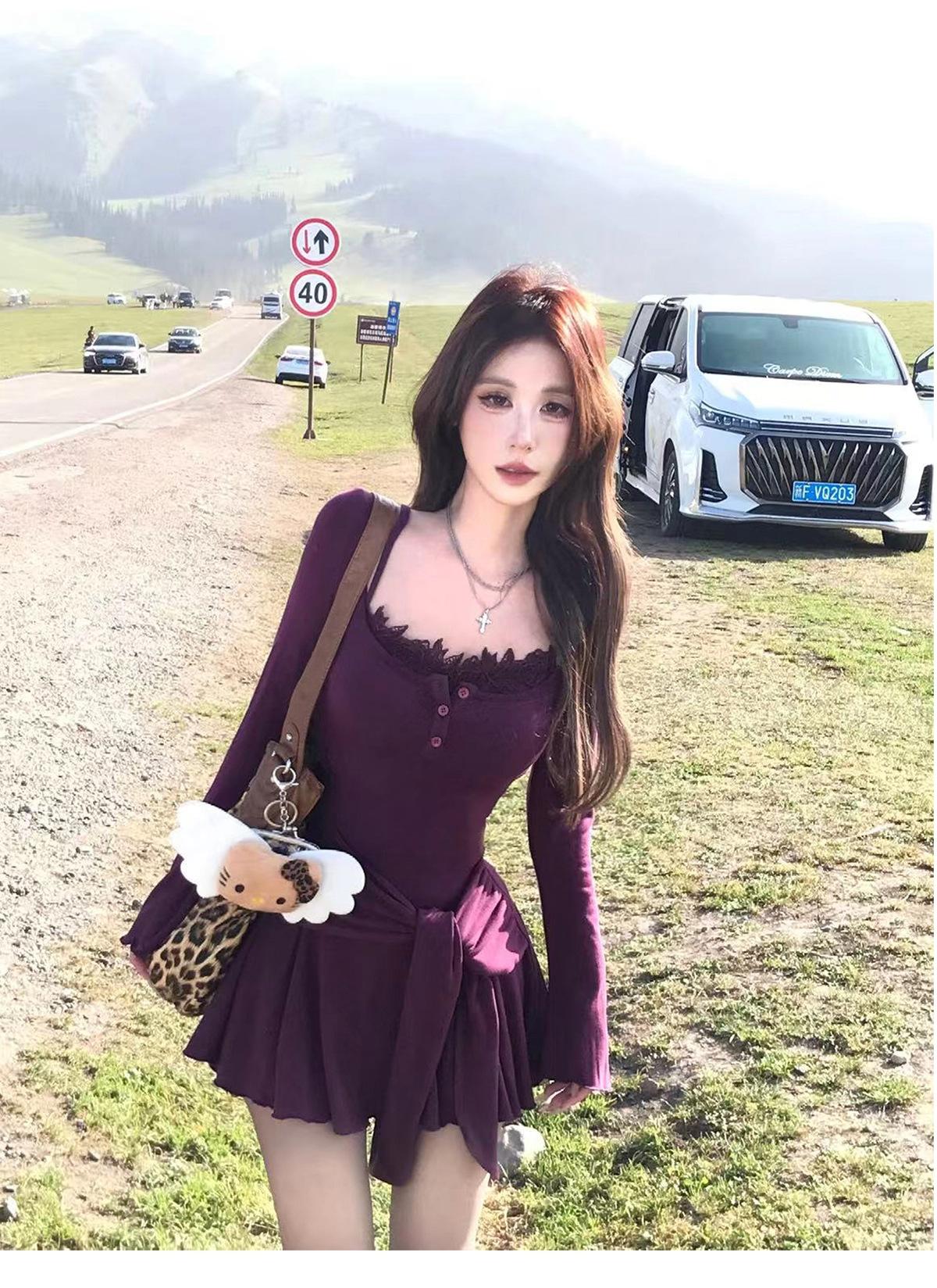 

French fake two-piece lace suspender dress, early autumn neck half-open neck pleated hip wrap, pure desire Spice Girl XL фіолетовий