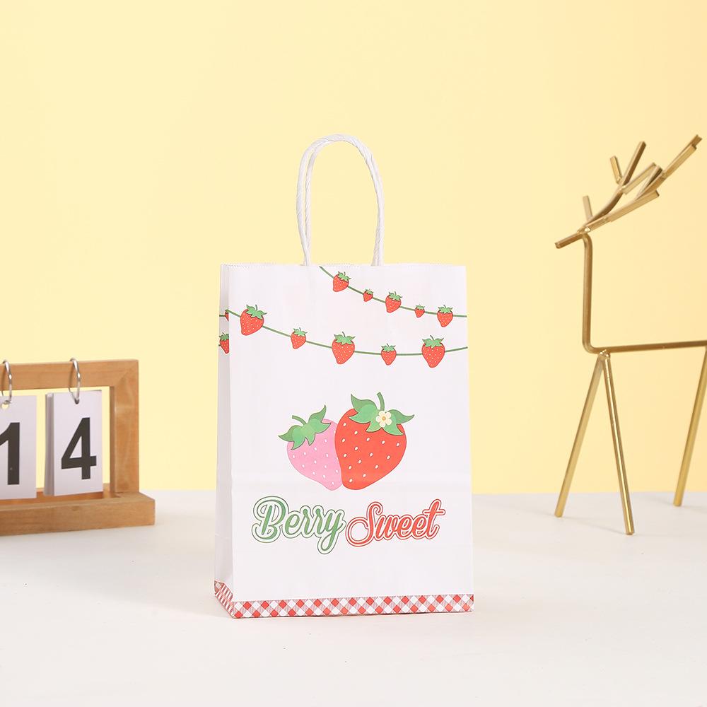 StoBag, Strawberry Kraft Paper Gift Bag, Fruit pattern, for Packaging Candy Snack, Baby Shower, birthday Supplies, Reusable