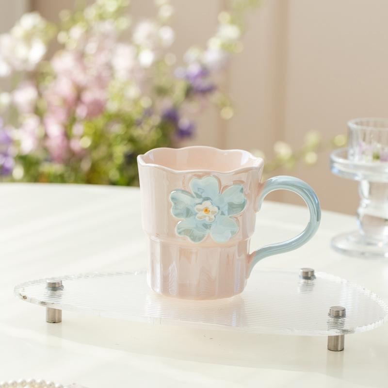 Pearl Glaze Hand-painted Relief Mug Home Office Light Luxury High-end Ceramic Water Cup High Value Cross-border Cup