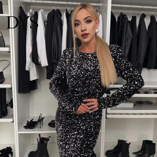Sequin Maxi Dress Women Evening Backless Big Bow Decor Round Neck Mid Waist Gown Slim Fit Long Sleeve Prom Party Club Formal