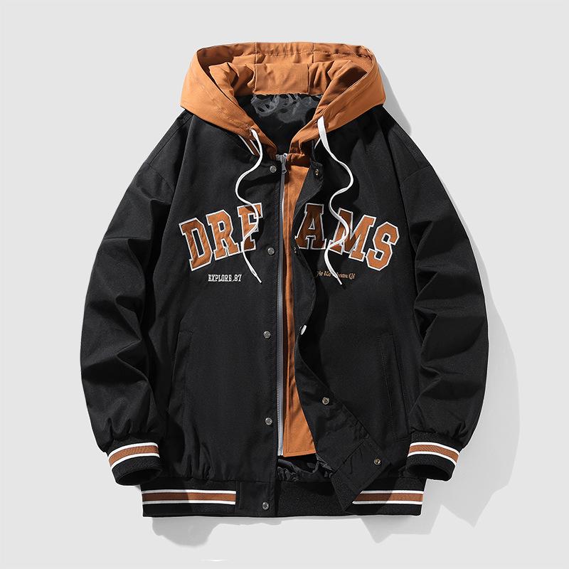 Men's Trendy Korean-Style Hooded Jacket - Loose Fit, Thick, Cotton-Filled, Fake Two-Piece Design for Autumn/Winter.