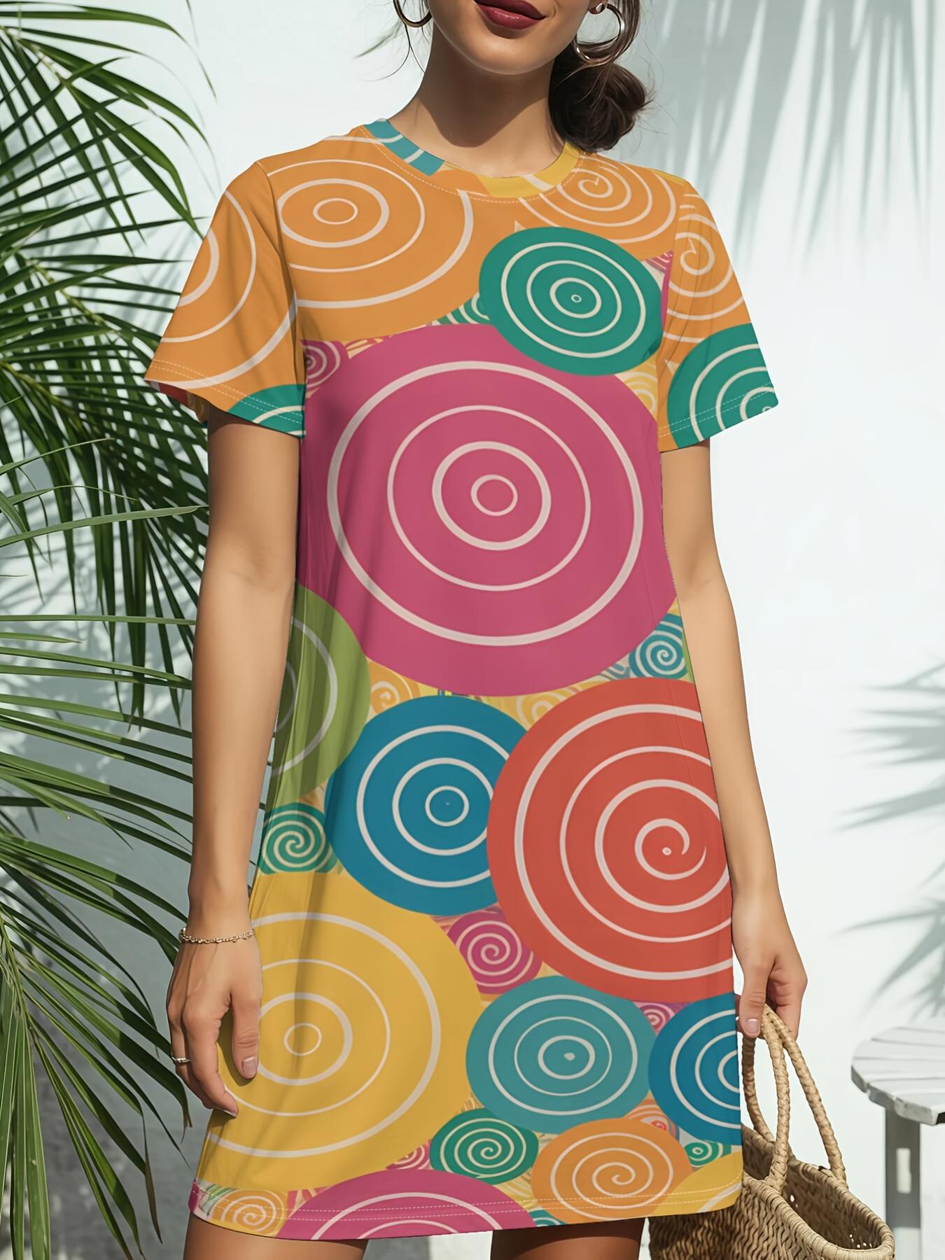 

Women s Spiral Pop Circles T-Shirt Dress - Short Sleeve Crew Neck -Line Dress with Spiral Print. Spring Summer Casual Blouse Dress Suitable for Daily S дубильна кора