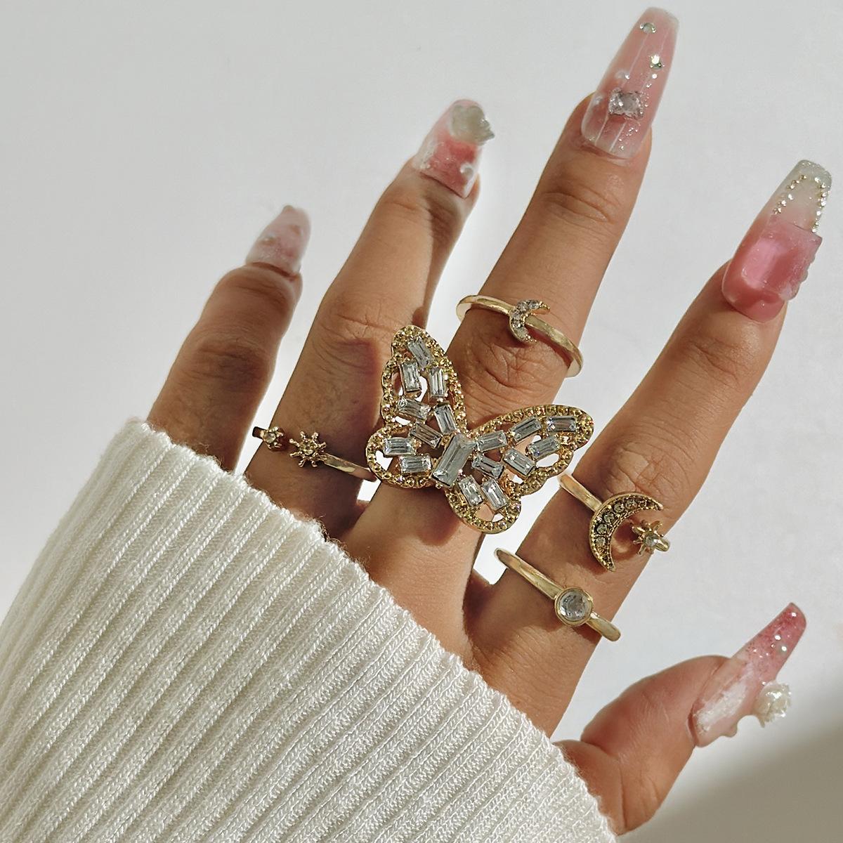 

European and American popular color ring sets: geometric flowers, butterflies, imitation gemstones, diamonds, ins-style five-piece ring set for women