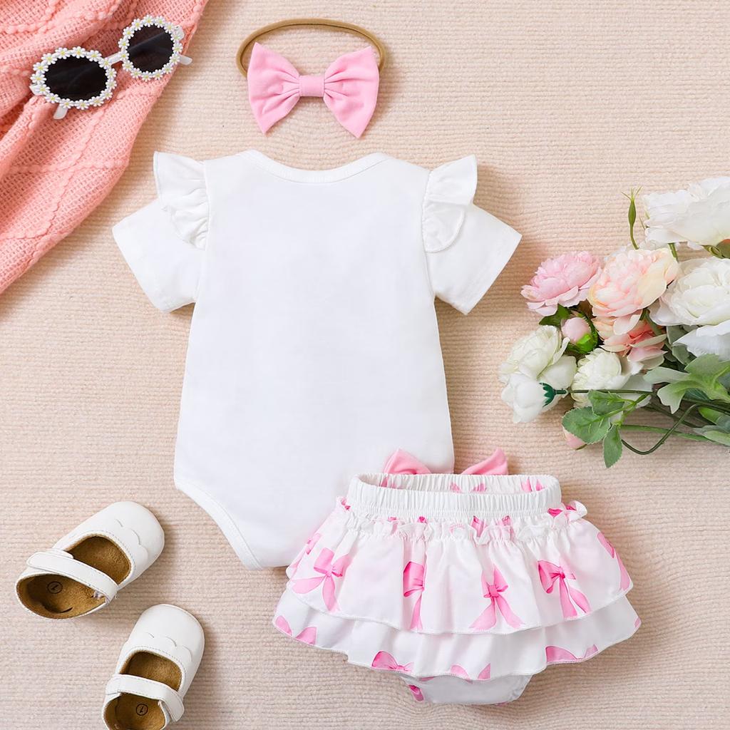 Baby Kurzarm Body Strampler mit Schleifenprint Rüschenrock Bloomers Set und Stirnband Babykleidung Outfit für Neugeborene Kleinkinder