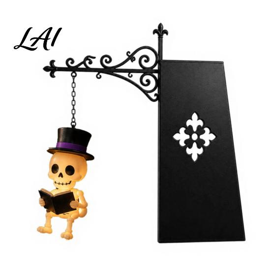 Book Corner Ornament Halloween Iron Library Lamp Vintage Bookshelf Light with Ghost Pumpkin Bat Mini Wrought Figurine Pendants Reading Nook