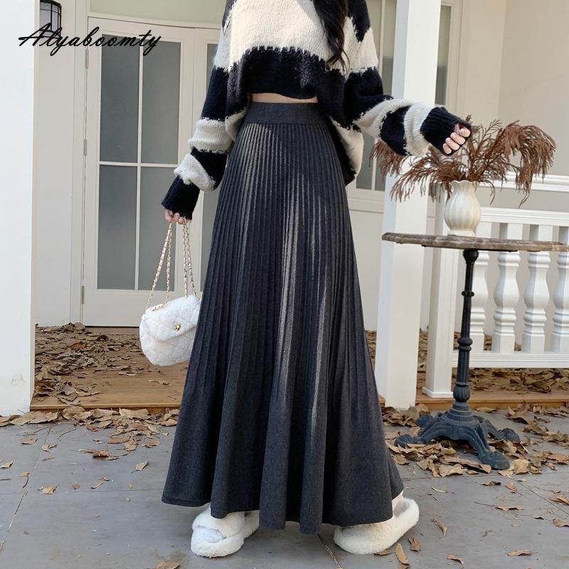 Korean Fashion Autumn Winter Women Maxi Long Skirt High Waist Black Beige Grey Knitting Skirt Elegant Feminine Pleated Skirts Womens
