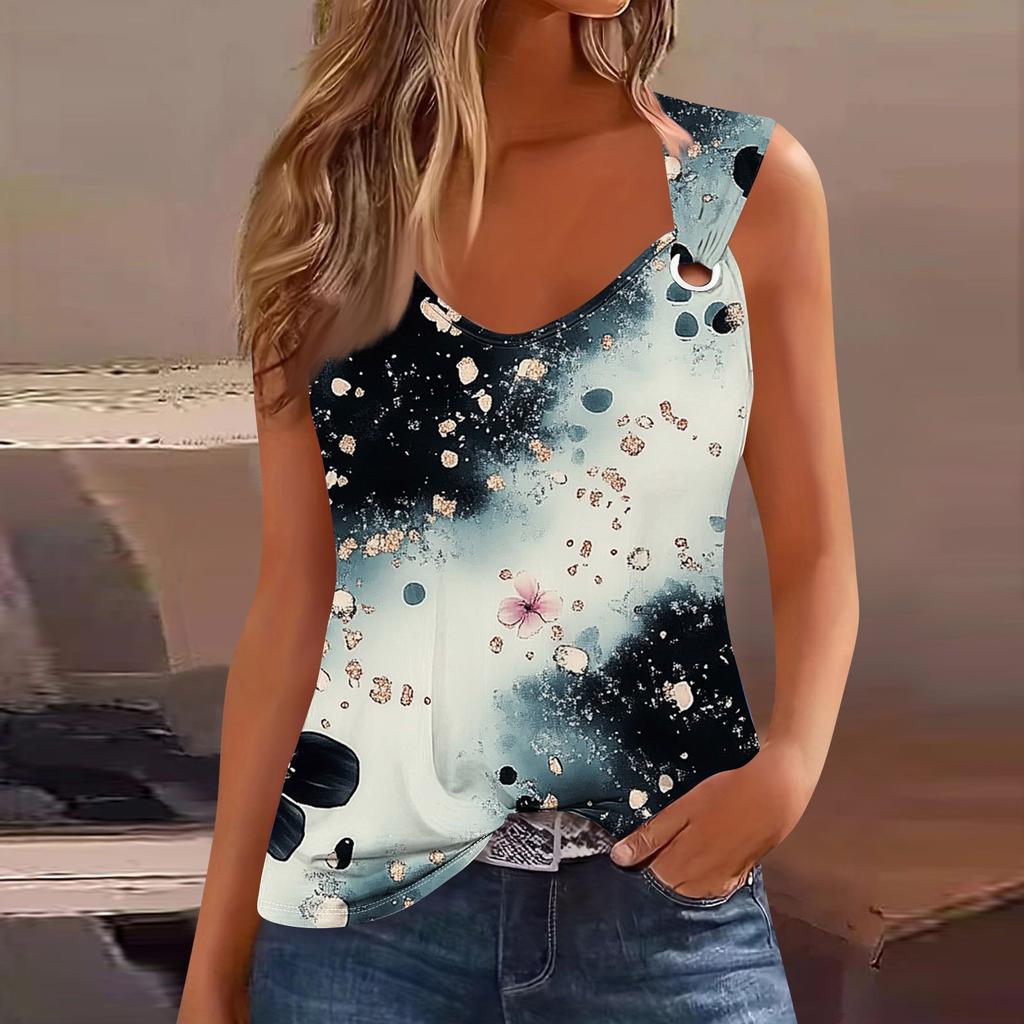 Womens Tank Top V Neck Basic Printed Casual Flowy Sleeveless Deep Side Cut Tops For Women