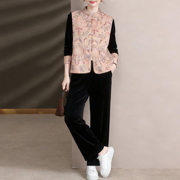 

2026 Elegant Spring Vest Set: Golden Velvet Three-Piece for Middle-Aged & Elderly 5XL (145-160 kg)