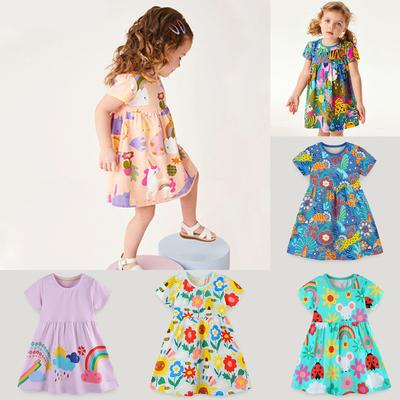 2024 Summer New Girl's Dress Cartoon Animal Print Princess Dress Round Neck Pullover Knitted Cotton Short Sleeved Children's Dress