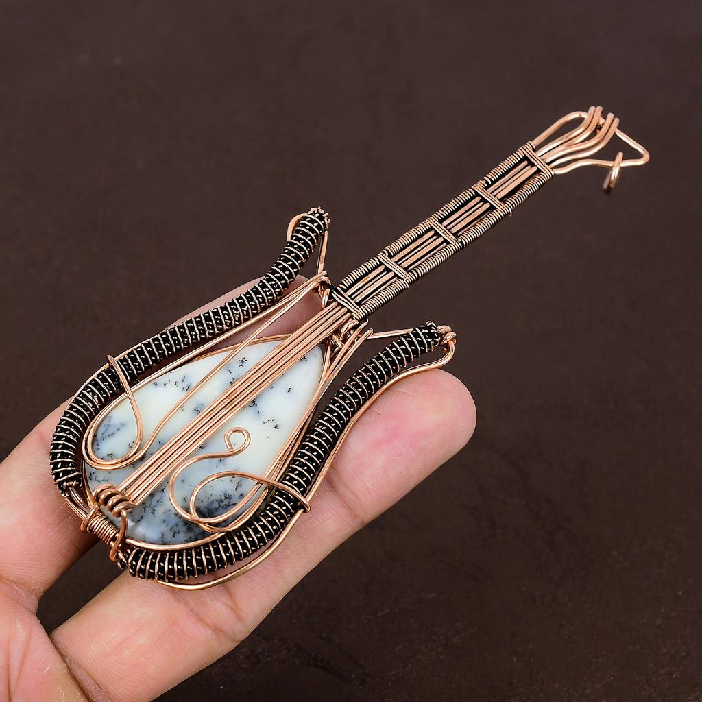 Dendrite Opal Handmade Copper Wire Wrap Guitar Pendant 4.53" O0i59