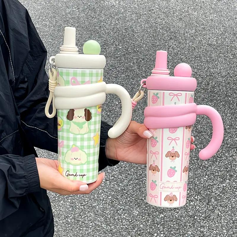 Cute Vacuum Thermos Bottle Double Wall Insulated Straw Tumbler Leakproof Tumbler with Handle Thermos for Car Camping Drinkware