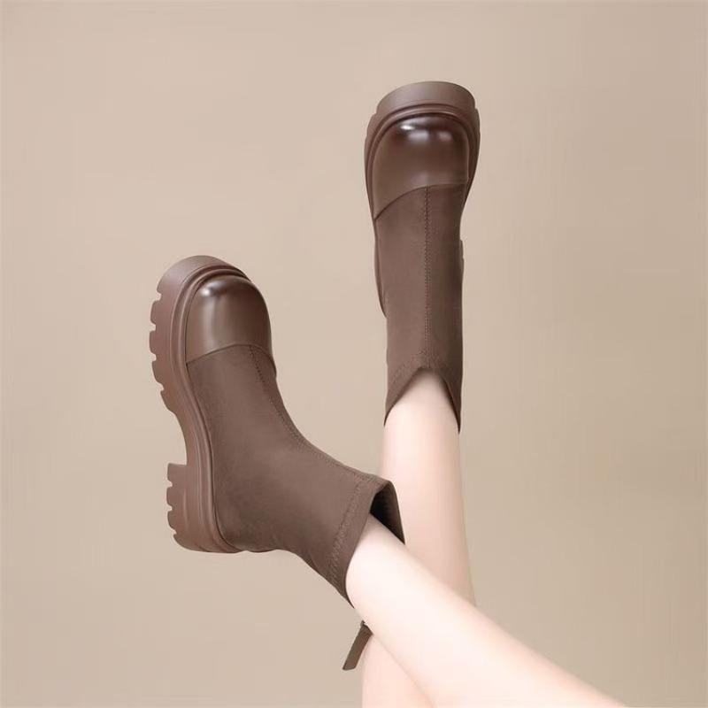Retro thick heel elastic thin short boots women's winter new heightened velvet rear zipper Martin boots