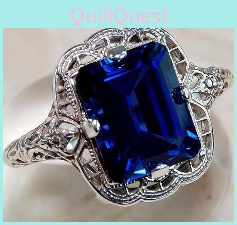 Elegant Blue Vintage Ring With Sapphire Stone And Silver Plating For Women