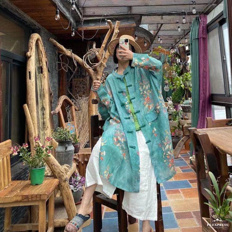 Johnature Women Vintage Long Shirts Stand Long Sleeve Button Patchwork Pockets Spring Chinese Style Blouses