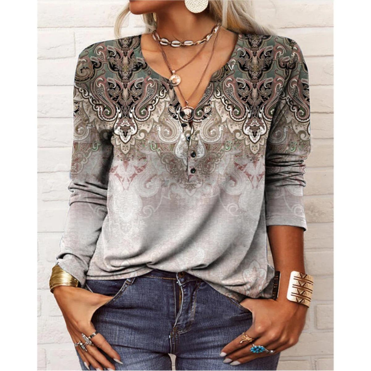 

Autumn Winter Women s Long Sleeve Ethnic Printed T-shirt Casual Versatile Tops for Women European American Style Crossborder Foreign Trade Apparel 5XL хакі