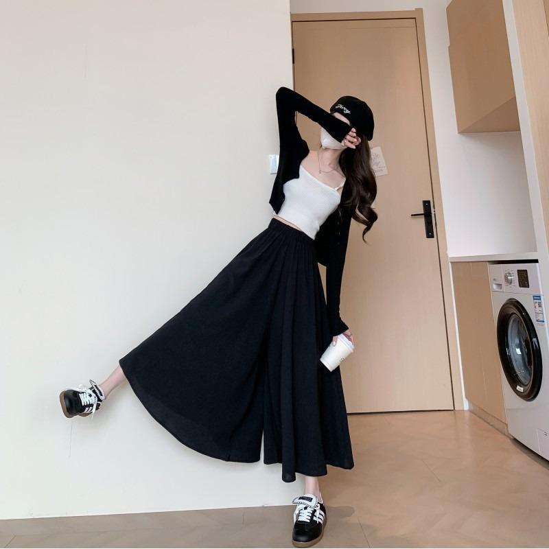 White Culottes Women's Summer Thin Small Scoop Pleated A-shaped Skirt Ice Silk Cotton and Linen Drape Wide-leg Pants