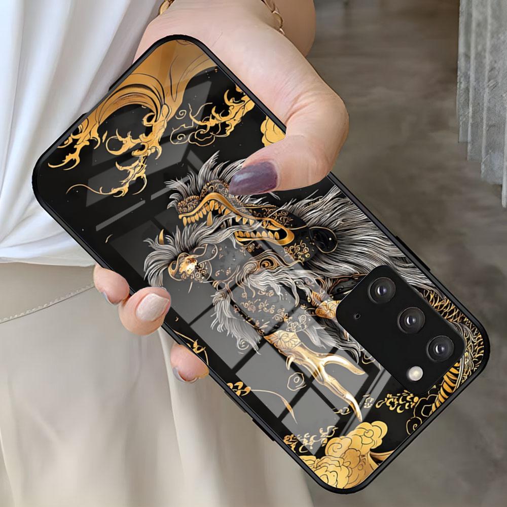 Art Dragon Phone Case For Samsung S26 S25 S24 FE S23 S22 S21 Plus S20 Ultra Note20Ultra Black Glass Cover