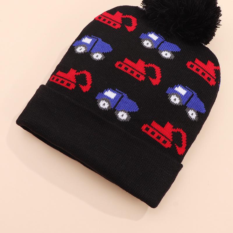 Unisex Cartoon Excavator Wool Pom-Pom Knit Hat for Kids - Warm Autumn Winter