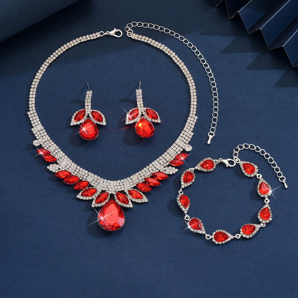 Populaire Collier Chaîne Clavicule Bracelet Type Goutte d'Eau Strass Cristal Plein de Diamants Ensemble Trois Pièces