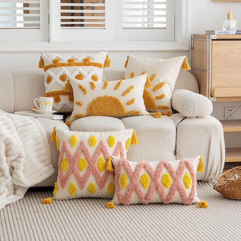 3D Embroidered Tassel Throw Pillow Cover Decorative Cushion Case For Sofa Living Room Japanese Tatami Style Pillow Cover