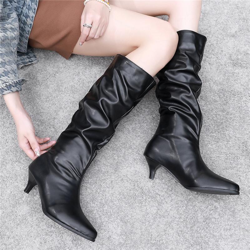 FOREADA Women Knee High Boots Pointed Toe Thin Mid Heels Pleated Long Boots Ladies Fashion Shoes Autumn Winter Black White 46