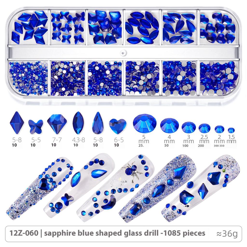 Broca para Nail Art 12 Compartimentos Strass Fundo Plano Broca Formato Especial Unha Vidro AB Aurora Transparente Broca Unha Conjunto de Joias para Nail Art