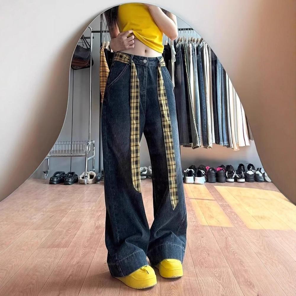 Petite Spicy Girl Retro Yellow Plaid Wide-Leg Patchwork Jeans