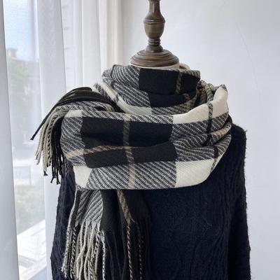 Schal für Damen, Herbst und Winter, High-End-Gefühl, karierter Schal mit Quaste aus Kaschmirimitat, dicker und warmer Schal für Studenten