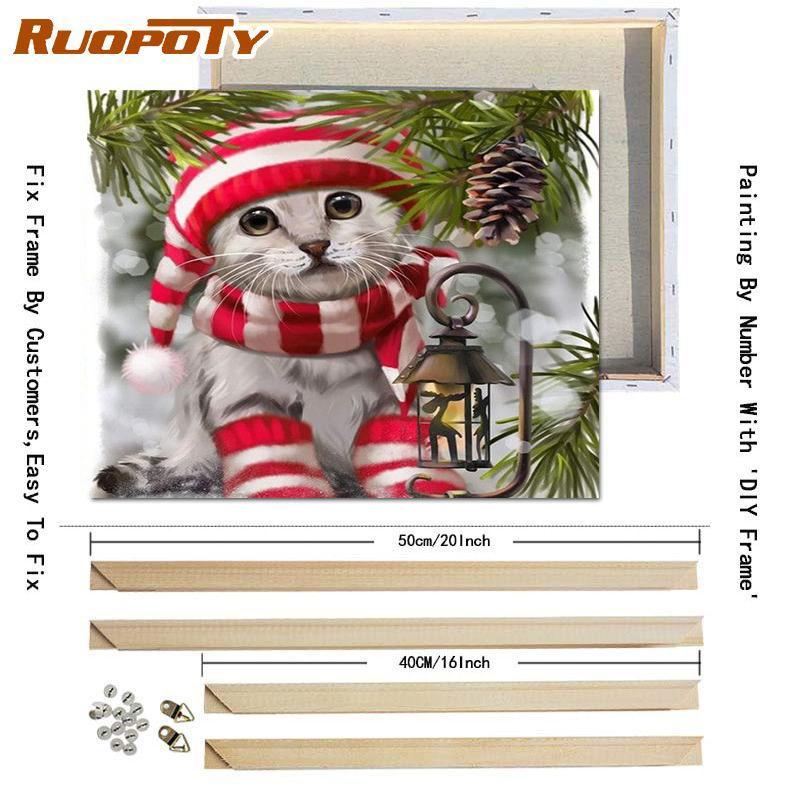 Ruopoty DIY Frame Picture By Numbers Cat Animal HandPainted Wall Art Unique Gift Painting By Number Winter Christmas Gift