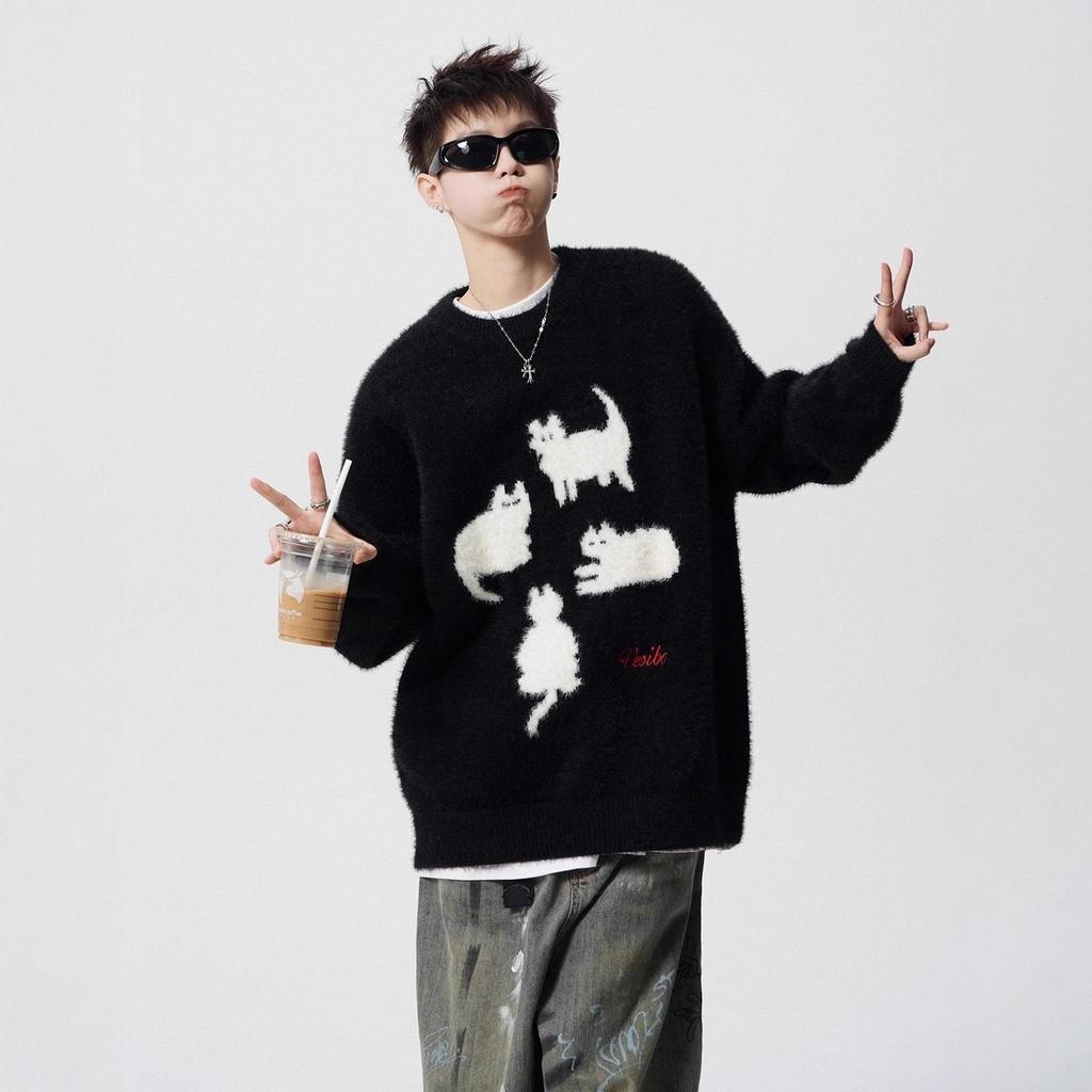Trendy Cartoon Cat Knit Sweater: Men's Autumn/Winter Round Neck Couple's Loose Casual Style