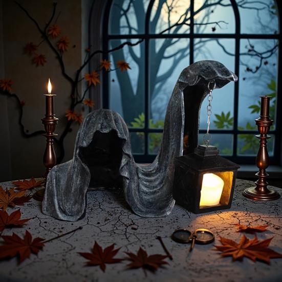 Grim Reaper Statue Gothic Black Robe Mystery Man Ornament Scary