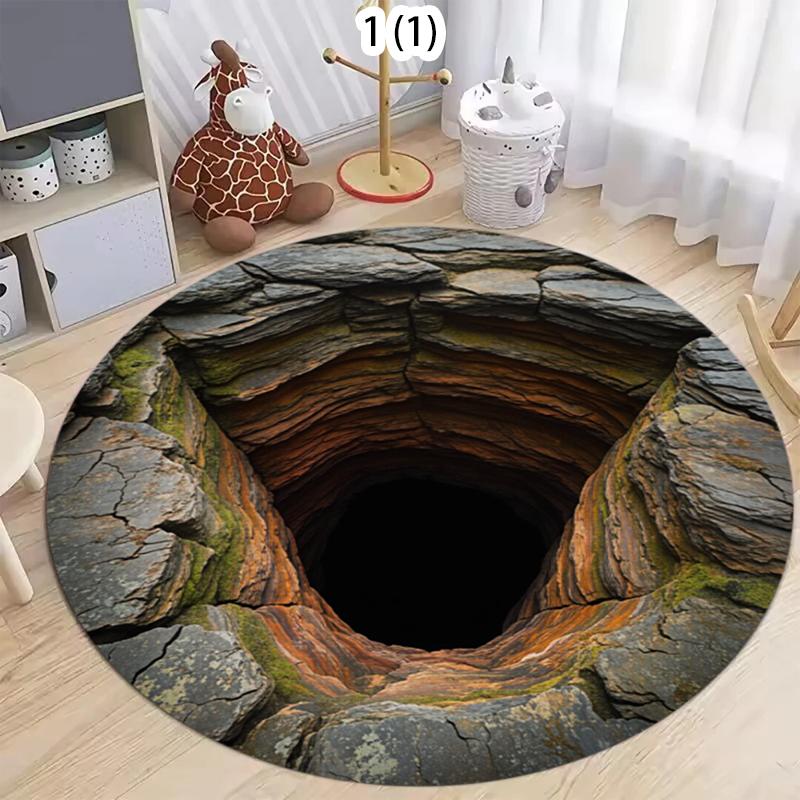2D Cave Illusion Round Rug, Optical Illusion Rock Pit Print Floor Mat, Non-Slip Novelty Carpet, Fun Gamer Room Decor  Carpets