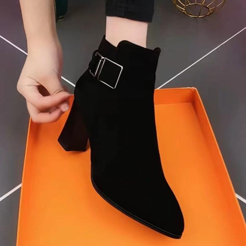 New Pointed-toe Chunk-heeled Ankle Boots, High-heeled Boots and Women's Shoes