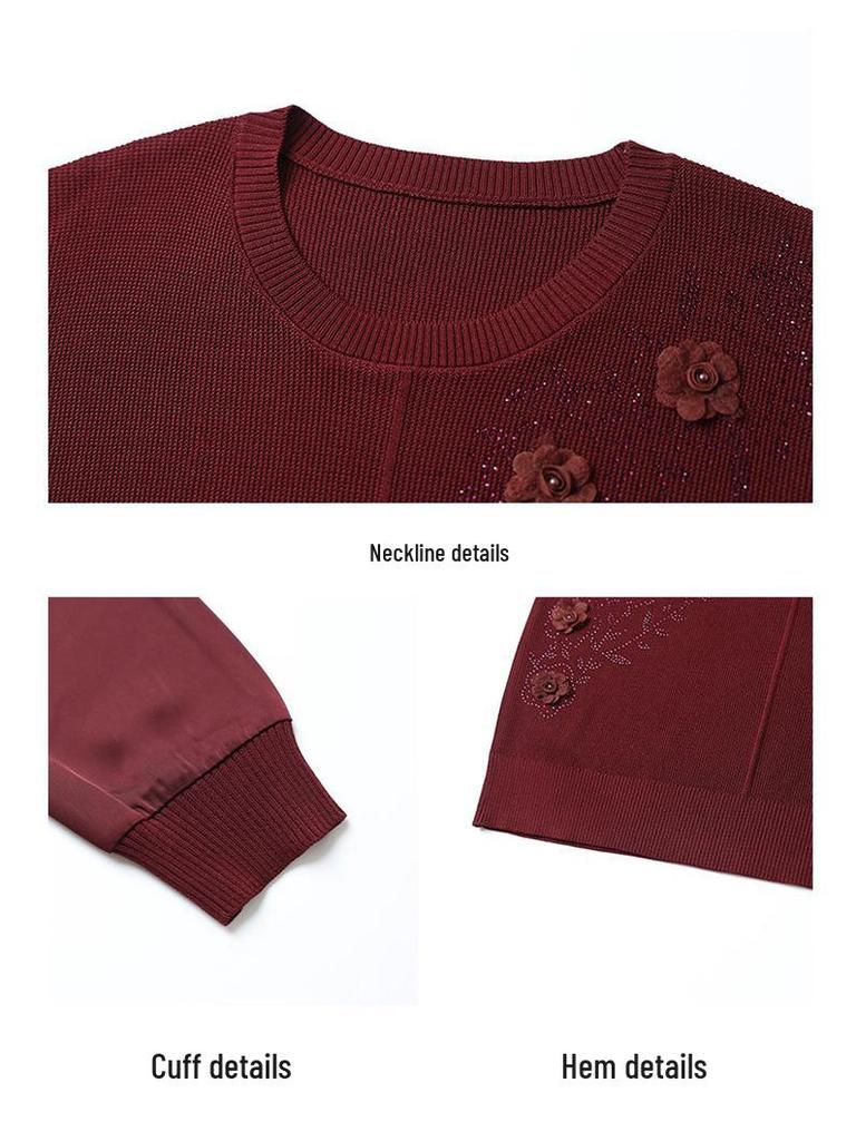 Mom's Gauze Sleeve Long-Sleeve Knit Top for Middle-aged Women - Lightweight Spring/Autumn Wear