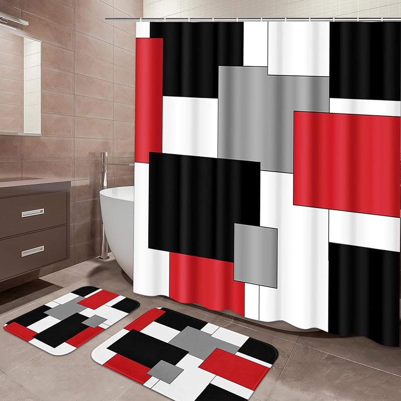 Red and Black Shower Curtain Set Geometric Bathroom Sets with Shower Curtain and Rugs, Grey and White Bathroom Shower Curtain Sets 3Pcs, Modern Red