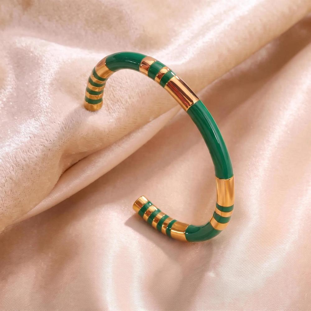 Chunky Enamel Bamboo Bracelet for Women Colorful Design Open Bangle Gold Color Stainless Steel Banquet Aesthetics Jewelry Gifts