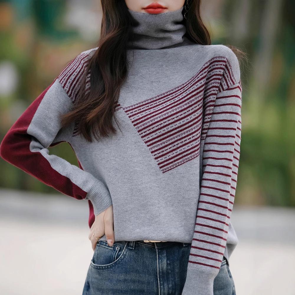New Women's Color Block Turtleneck Knit Sweater - Loose Fit for Autumn & Winter